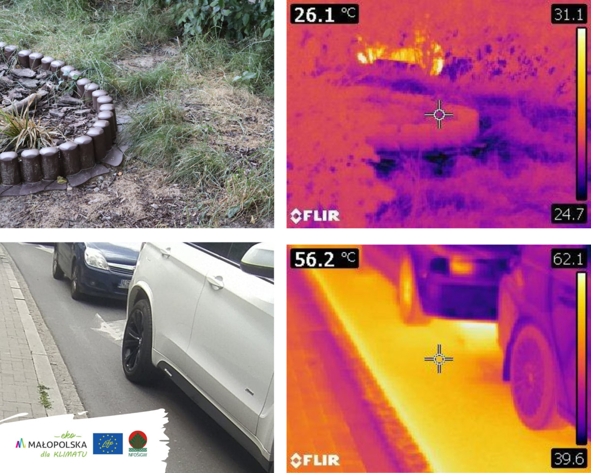 Zdjęcia z kamery termowizyjnej zestawione z rzeczywistymi fragmentami zacienionych i nasłonecznionych ulic