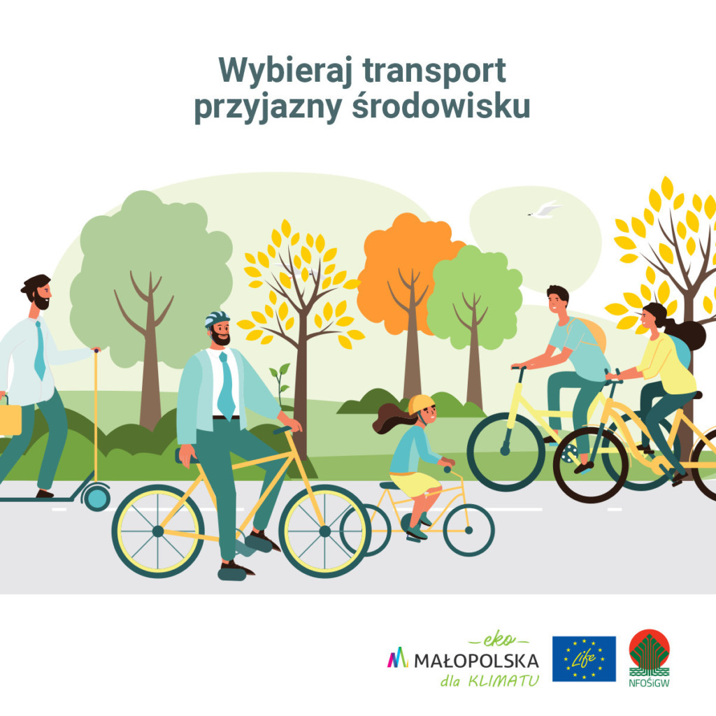 Infografika: osoby jeżdżą na rowerach, hulajnogach