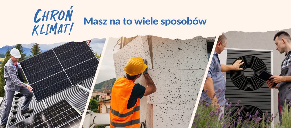 Zestaw zdjęć ilustrujących ocieplenie domu i montaż OZE