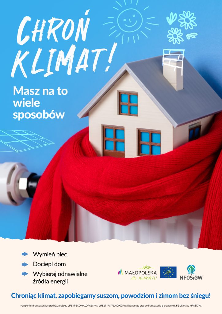 Plakat z domkiem owiniętym szalikiem