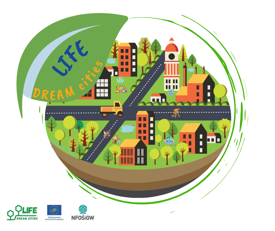 LIFE DREAM CITIES okrągła grafika nawiązująca do kształtu Ziemi