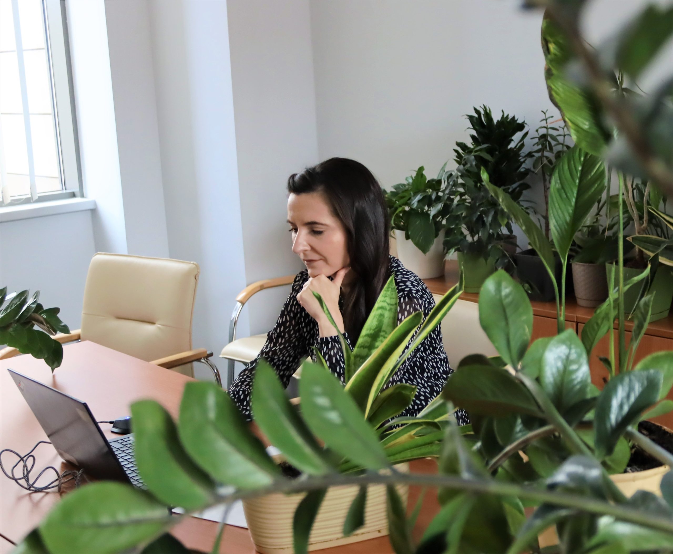 Kobieta wśród roślin przy komputerze