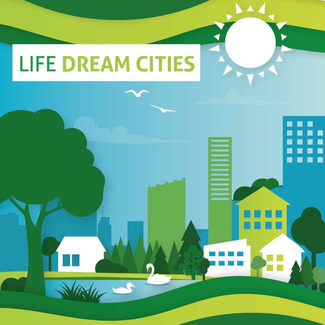 Infografika z miejskim stawem, zielenią i drzewami w tle budynki i wieżowce