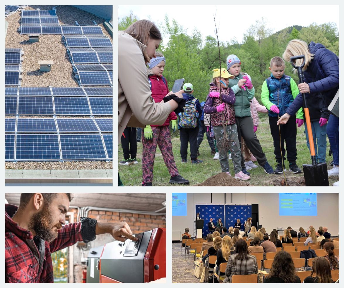 Kolaż przedstawiający fotowoltaikę, sadzenie drzewa, instalatora PC oraz konferencję