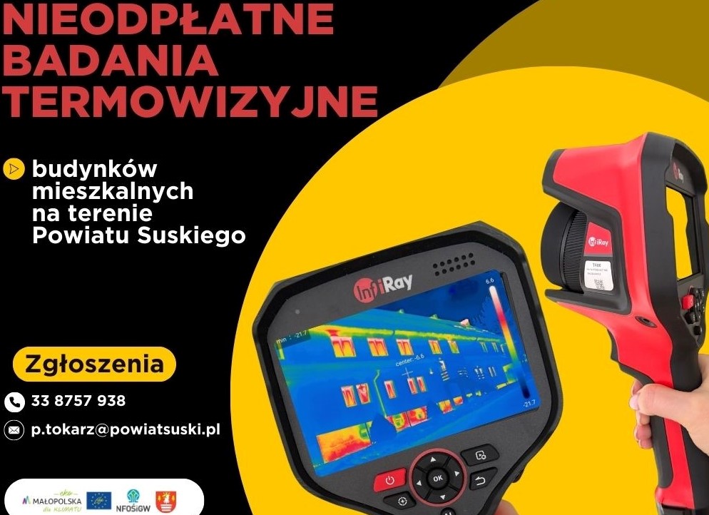 Plakat, na którym przedstawiona jest kamera termowizyjna, ogłaszający nabory na badania termowizyjne dla mieszkańców 