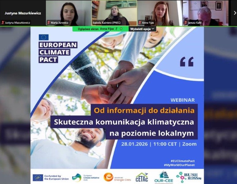 Slajd tytułowy webinarium pod tytułem - od informacji do działania.
Skuteczna komunikacja klimatyczna na poziomie
lokalnym