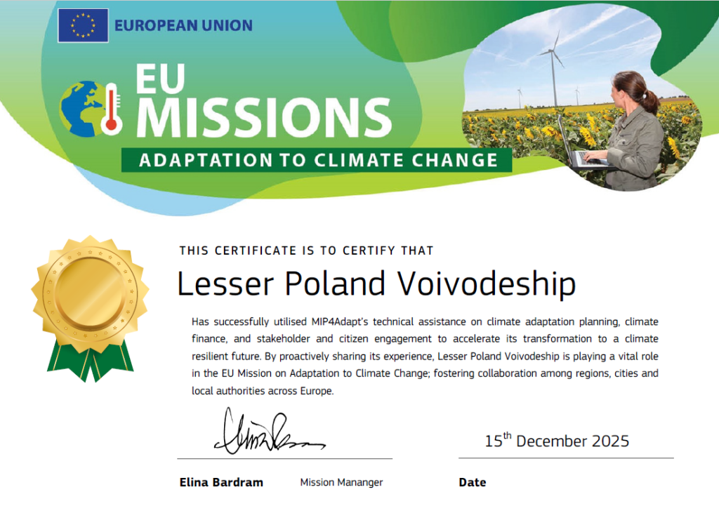Małopolska z certyfikatem MIP4Adapt – wzmocnienie działań adaptacyjnych regionu