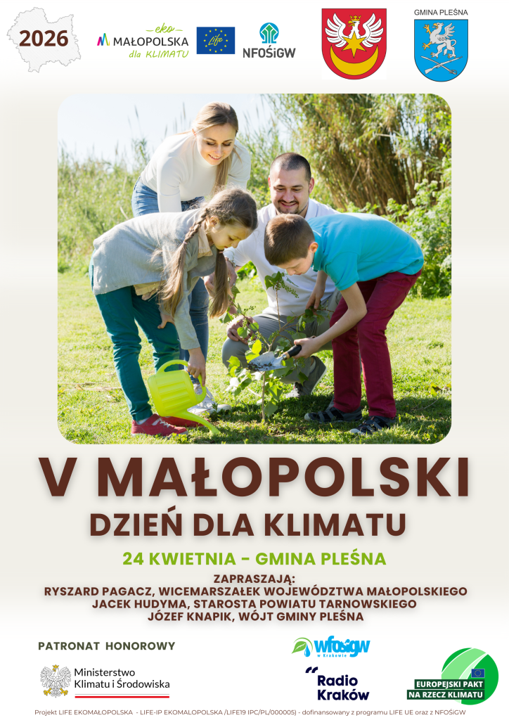 Plakat V Małopolskich Dni dla Klimatu z rodziną sadzącą drzewko